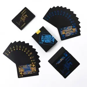 Plastové pokrové karty, balíček francúzskych kariet čierno-modro-zlatý (poker-card-black-blue-gold)