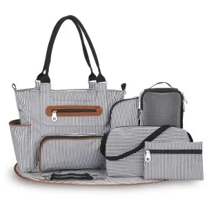 Pelenkázó válltáska, pelenkázótáska készlet szürke, csíkos (diaper-bag-set-grey)