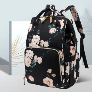 Pelenkázó hátizsák, pelenkázótáska fekete virág mintával (diaper-bag-black-flower)