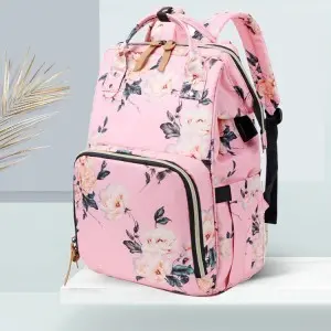 Pelenkázó hátizsák, pelenkázótáska rózsaszín virág mintával (diaper-bag-pink-flower)