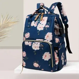 Pelenkázó hátizsák, pelenkázótáska sötétkék virág mintával (diaper-bag-navy-flower)
