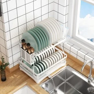 Edényszárító csepegtető tálcával kétszintes fehér (dish-rack-white-5-2-layer)