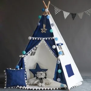 Indiánsky stan Teepee, detský stan bielo-modrý (kids-teepee-160-white-blue)