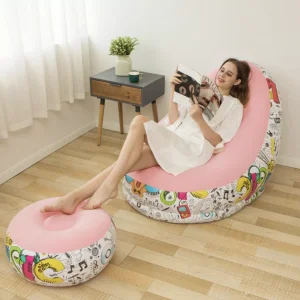 Felfújható fotel lábtartóval, kézi pumpával rózsaszín mintával (TH6097-pink)