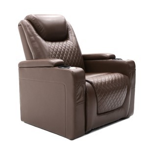 Luxus, egyszemélyes fekvőfotel, relax fotelágy elektromosan dönthető háttámlával, lábtartóval, asztallal, pohártartóval és világítással barna légáteresztő bőr (JKY-9104)