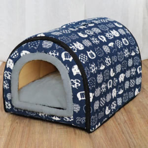 Kisállat fekhely, alagút formájú kuckó, S méret, kék, macska mintás kutya / macska