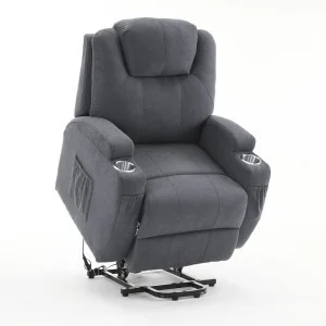 Felállást segítő relax elektromos fotelágy motoros mechanizmus szövet sötétszürke, pohártartóval, masszázzsal, fűtéssel