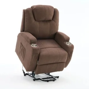 Felállást segítő relax elektromos fotelágy motoros mechanizmus szövet sötétbarna, pohártartóval, masszázzsal, fűtéssel