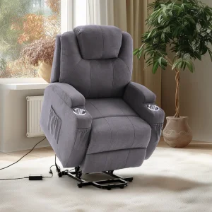 Felállást segítő relax elektromos fotelágy motoros mechanizmus szövet sötétszürke, pohártartóval, masszázzsal, fűtéssel