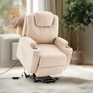 Felállást segítő relax elektromos fotelágy motoros mechanizmus szövet bézs, pohártartóval