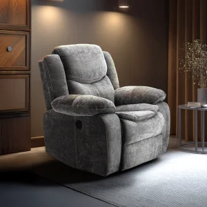 Elektromosan dönthető relax fekvőfotel, zsenília szövet (szürke) 