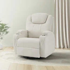 Elektromos fekvőfotel, relax fotelágy 8 pontos masszázs magyar nyelvű távirányítóval, ringató, forgatható, rozsdamentes pohártartó AIR leather bézs