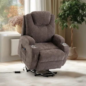 Felállást segítő relax elektromos fotelágy motoros mechanizmus szövet sötétbarna, pohártartóval, masszázzsal, fűtéssel