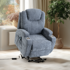 Felállást segítő relax elektromos fotelágy motoros mechanizmus szövet sötétszürke, pohártartóval, masszázzsal, fűtéssel