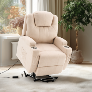 Vízlepergető szövettel felállást segítő relax elektromos fotelágy motoros mechanizmus szövet bézs, pohártartóval, masszázzsal, fűtéssel