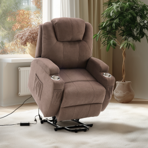 Vízlepergető szövettel felállást segítő relax elektromos fotelágy motoros mechanizmus szövet sötétbarna, pohártartóval, masszázzsal, fűtéssel