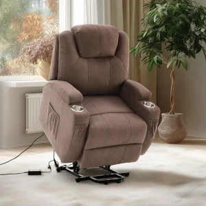Vízlepergető szövettel felállást segítő relax elektromos fotelágy motoros mechanizmus szövet sötétbarna, pohártartóval, masszázzsal, fűtéssel