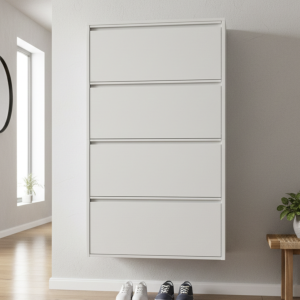 Fém cipősszekrény falra szerelhető kivitelben, 4 szintes fehér billenős (144 × 80 × 15 cm)