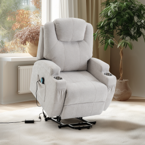 Felállást segítő relax elektromos fotelágy motoros mechanizmus szövet bézs, pohártartóval