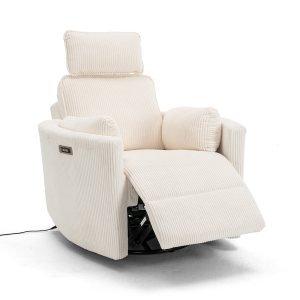 Elektromos, dönthető relax fotel, forgó és hinta funkcióval, bézs kordbársony szövet
