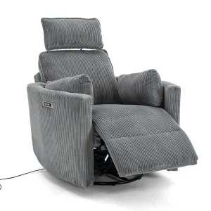 Elektromos, dönthető relax fotel, forgó és hinta funkcióval, szürke kordbársony szövet