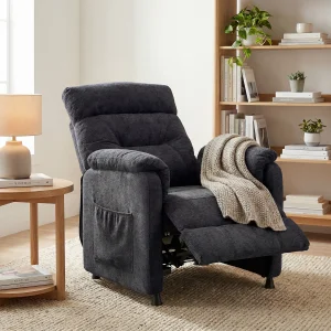 Elektrické polohovateľné relaxačné kreslo, tmavosivá látka