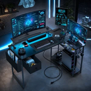 L alakú íróasztal, gamer asztal 120*80*74cm, fekete LED világítás, EU hálózati elosztóval, USB porttal (MK-1B)