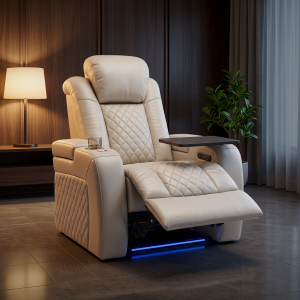 Luxus, egyszemélyes fekvőfotel, relax fotelágy elektromosan dönthető háttámlával, lábtartóval, pohártartóval és világítással bézs bőr (L4630-3906)