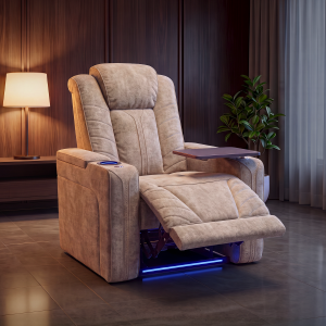 Luxus elektromos relax fotel, pohártartóval, világítással bársony homokszürke szövet (L26017-3906)